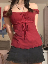 2000s Ästhetische Süße Spitze Tops Frauen Off Schulter Kordelzug T-shirt Koreanische Mode Weibliche T Fee Grunge Streetwear